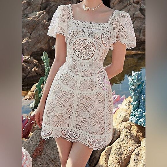 Creamy White Cocktail Sheer Lace Mini Dress main image 1
